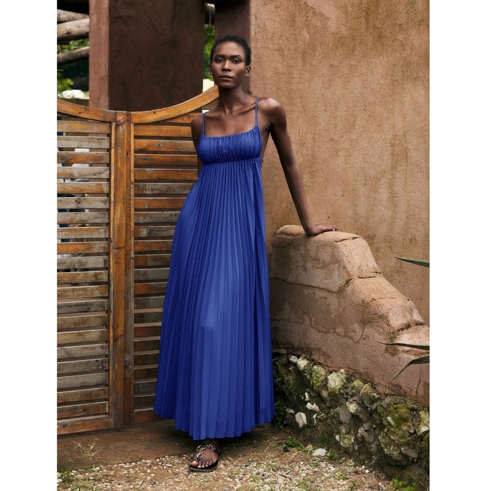 Blue Pleated Maxi Babydoll Dress Open Back Flowy Skirt Tie Straps Lined - Picture 5 of 11